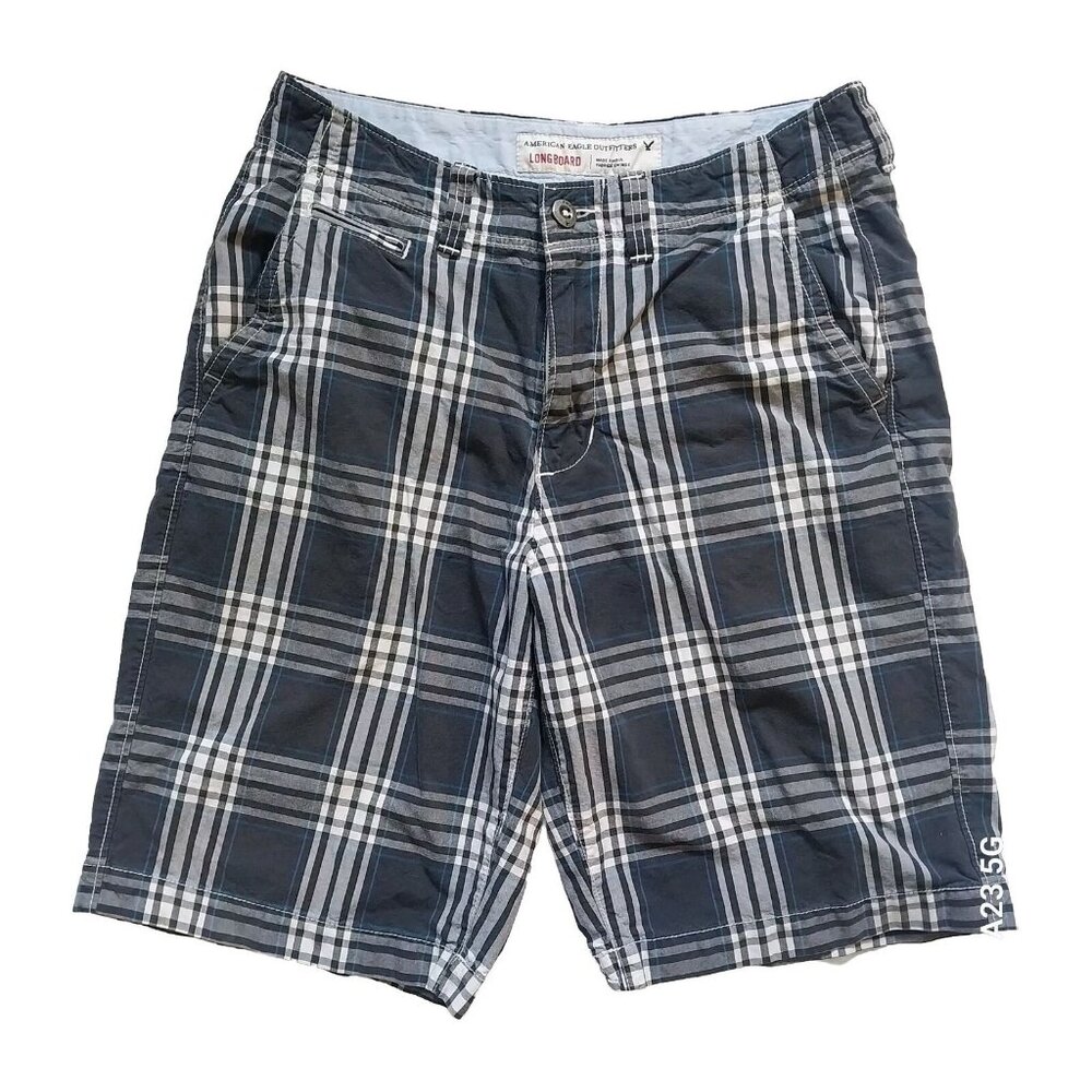 American Eagle Outfitters Mens Longboard Plaid Shorts Size 32 Blue & White Cotto